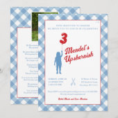 青ギンガムに赤風船のアップシャーイン写真招待状 招待状 (正面/裏面)