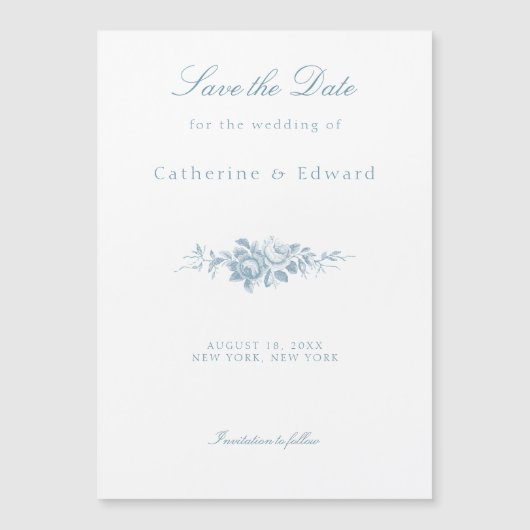 青クラシックと白のフローラ日付の保存 マグネット招待状 (正面)