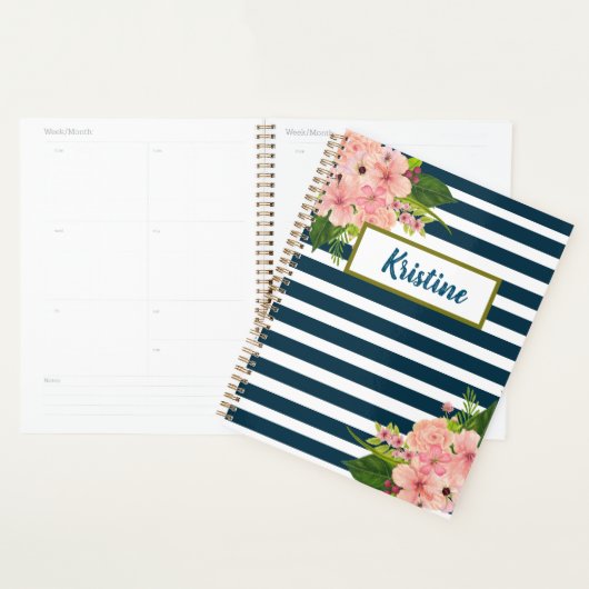 青クラシックと白の王室の花模様を使用したストライプ プランナー手帳 (ディスプレー)