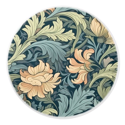 青クラシック柄の手描きモリスフローラ セラミックノブ (正面)