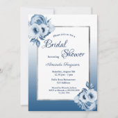 青クラシック水色花模様ブライダルシャワー 招待状 (正面)