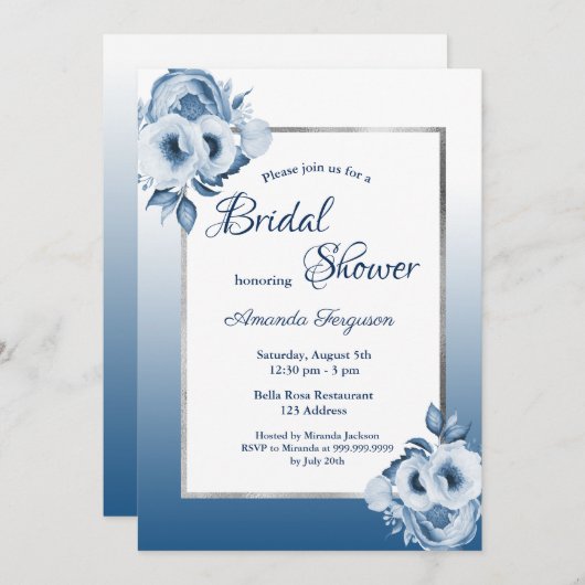青クラシック水色花模様ブライダルシャワー 招待状 (正面/裏面)