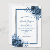 青クラシック白シルバー花模様結婚ズ 招待状 (正面)