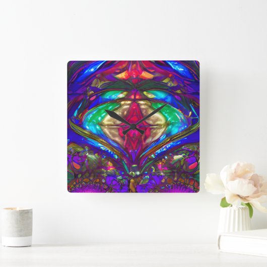 青クラシック、緑、赤のステンドグラス模様 スクエア壁時計 (ホーム)