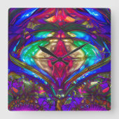 青クラシック、緑、赤のステンドグラス模様 スクエア壁時計 (正面)