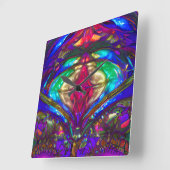 青クラシック、緑、赤のステンドグラス模様 スクエア壁時計 (傾斜)