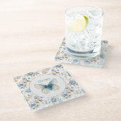 青クリームベージュ茶色の花蝶々 ガラスコースター (アングル)