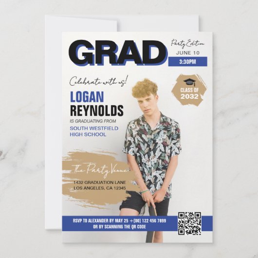 青クールと黒の写真雑誌カバー卒業 招待状 (正面)