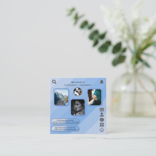 青クール写真・ビデオ写カスタム真QRコード スクエア名刺 (スタンド正面)