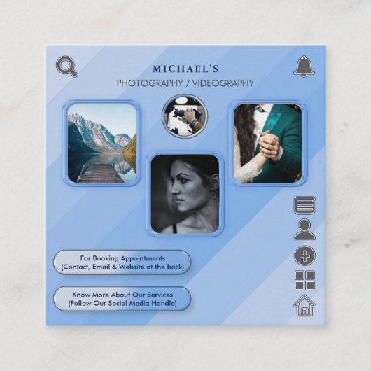 青クール写真・ビデオ写カスタム真QRコード スクエア名刺 (正面)