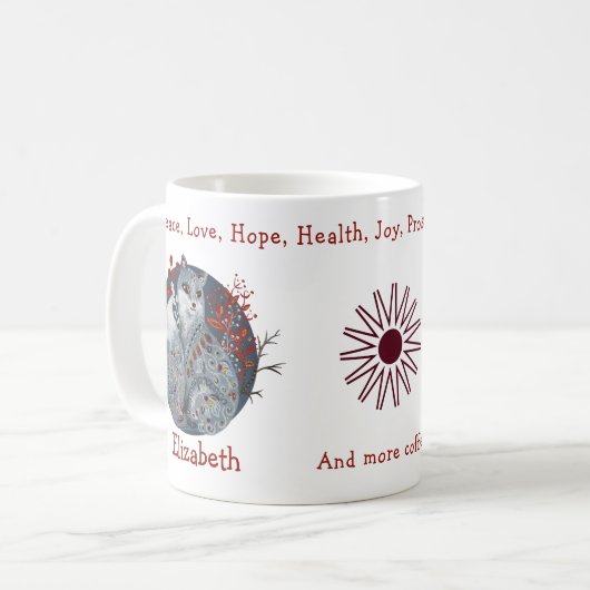 青クール極キツネ、フローラ背景美しい コーヒーマグカップ (正面左)