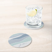 青クール緑の曲線ストライプ抽象芸術波名 ラウンドペーパーコースター (インサイチュ)