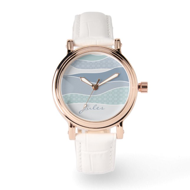 青クール緑の曲線ストライプ抽象芸術波名 腕時計 (正面)