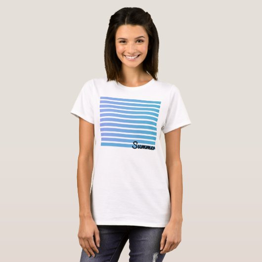 青グラデーションいストライプ夏 Tシャツ (正面フル)