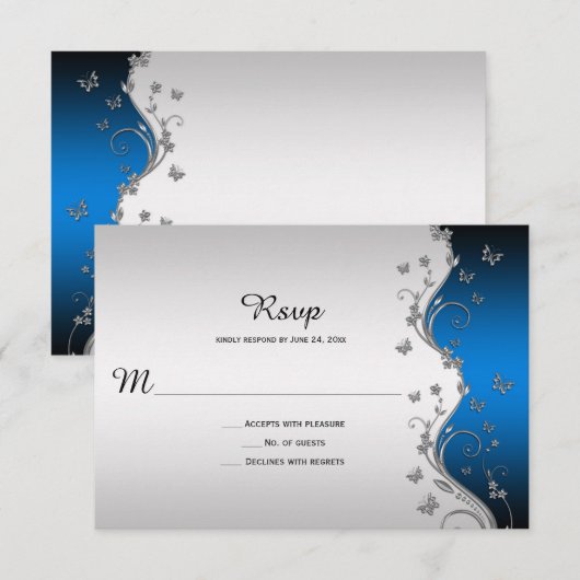 青グラデーションの豪華な銀の蝶の招待状 出欠カード (正面/裏面)