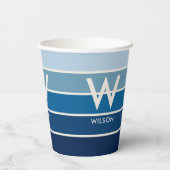 青グラデーションストライプのモノグラム個人パーティー 紙コップ (裏面)
