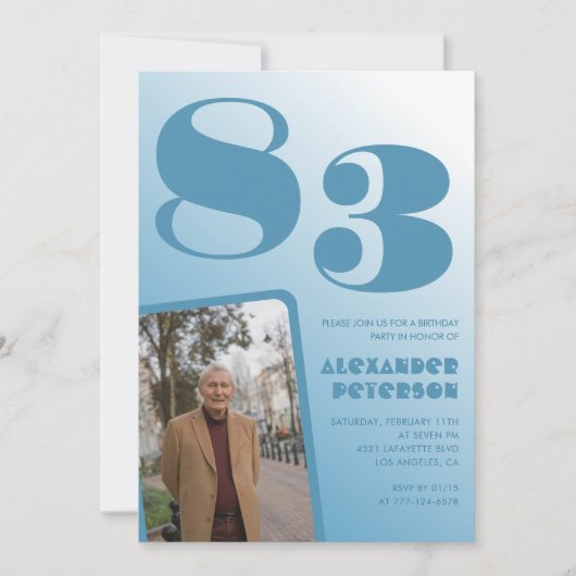 青グラデーション写真第83回誕生日 招待状 (正面)