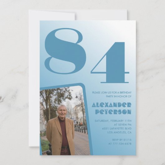 青グラデーション写真84歳の誕生日 招待状 (正面)