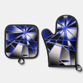 青グラデーション塗り潰し機械的スケッチモザイク 鍋つかみ&鍋敷きセット (正面)