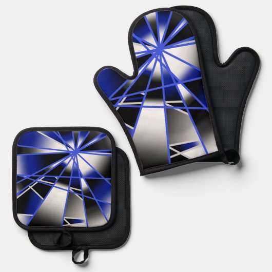 青グラデーション塗り潰し機械的スケッチモザイク 鍋つかみ&鍋敷きセット (正面/裏面)