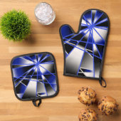 青グラデーション塗り潰し機械的スケッチモザイク 鍋つかみ&鍋敷きセット (トップダウン)