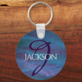 青グラデーション抽象芸術 |ティール(緑がかった色)紫モノグラム キーホルダー (正面)