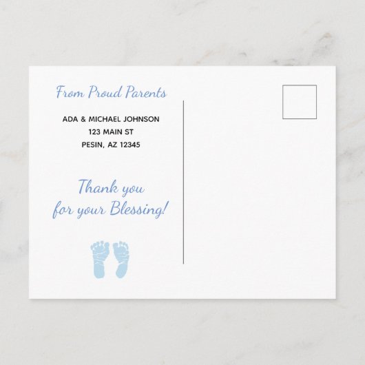 青グラデーション男の赤ちゃん誕生日のお知らせ 案内ポストカード (裏面)