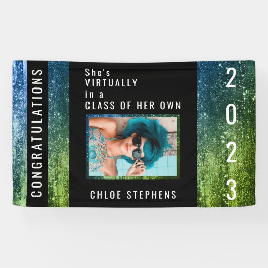 青グラデーション色 |グリーンフェイクグリッター写真卒業 横断幕 (横)