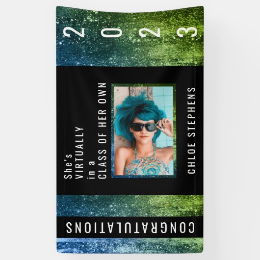 青グラデーション色 |グリーンフェイクグリッター写真卒業 横断幕 (縦)