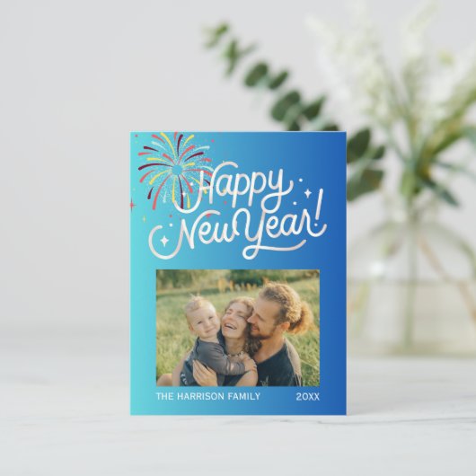 青グラデーション花火おめでとうの写真 ポストカード (スタンド正面)