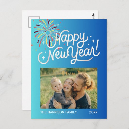 青グラデーション花火おめでとうの写真 ポストカード (正面/裏面)