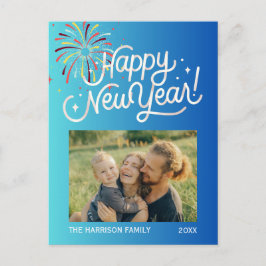 青グラデーション花火おめでとうの写真 ポストカード