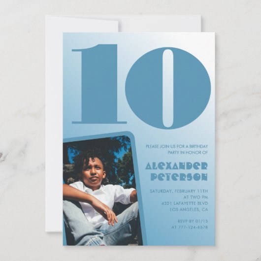 青グラデーション10th誕生日招待状Boy Photo 招待状 (正面)
