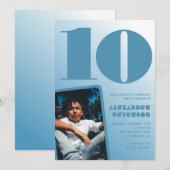 青グラデーション10th誕生日招待状Boy Photo 招待状 (正面/裏面)