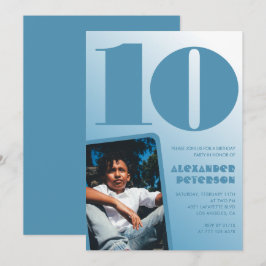 青グラデーション10th誕生日招待状Boy Photo 招待状