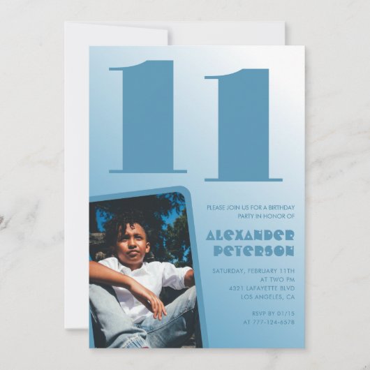 青グラデーション11th誕生日招待状Boy Photo 招待状 (正面)
