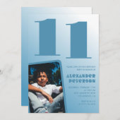 青グラデーション11th誕生日招待状Boy Photo 招待状 (正面/裏面)