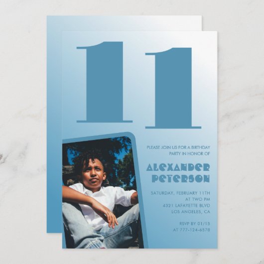 青グラデーション11th誕生日招待状Boy Photo 招待状 (正面/裏面)