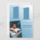 青グラデーション11th誕生日招待状Boy Photo 招待状 (正面)