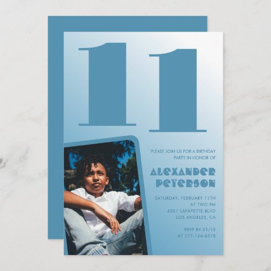 青グラデーション11th誕生日招待状Boy Photo 招待状 (正面/裏面)