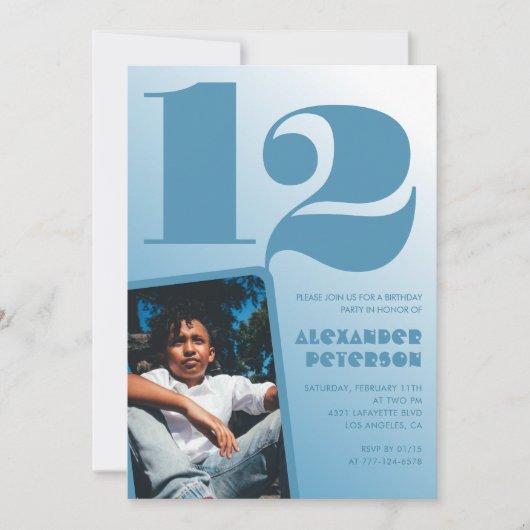 青グラデーション12th誕生日招待状ボーイフォト 招待状 (正面)