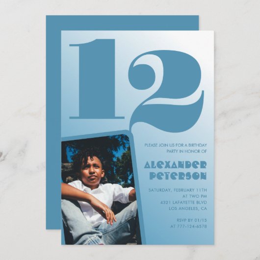 青グラデーション12th誕生日招待状ボーイフォト 招待状 (正面/裏面)