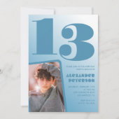 青グラデーション13th誕生日招待状Boy Photo 招待状 (正面)