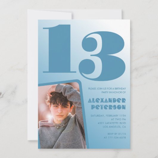 青グラデーション13th誕生日招待状Boy Photo 招待状 (正面)