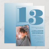 青グラデーション13th誕生日招待状Boy Photo 招待状 (正面/裏面)