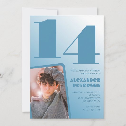 青グラデーション14th誕生日招待状ボーイフォト 招待状 (正面)