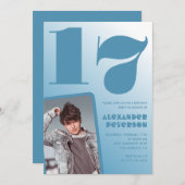 青グラデーション17th誕生日招待状ボーイフォト 招待状 (正面/裏面)