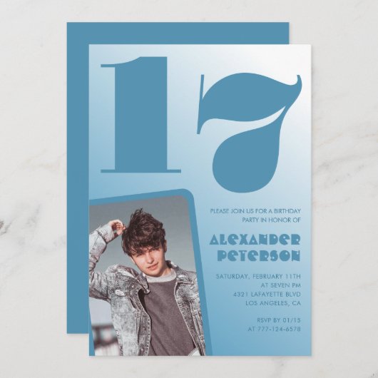 青グラデーション17th誕生日招待状ボーイフォト 招待状 (正面/裏面)