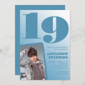 青グラデーション19th誕生日招待状Boy Photo 招待状 (正面/裏面)