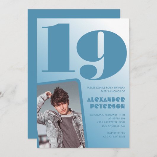 青グラデーション19th誕生日招待状Boy Photo 招待状 (正面/裏面)
